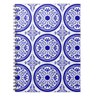 Caderno Espiral Padrão de Azulejo Gótico Branco Azul