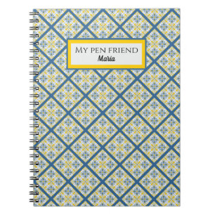 Caderno Espiral Padrão de azulejos bonito portugueses azuis e amar