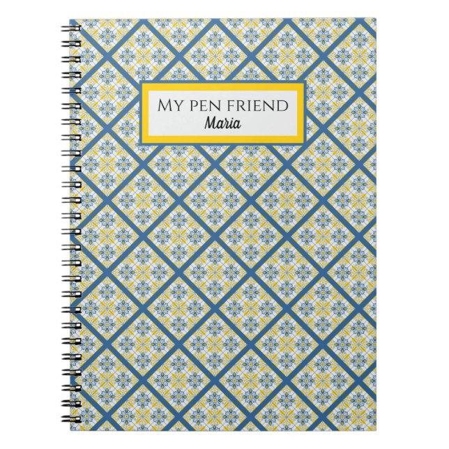 Caderno Espiral Padrão de azulejos bonito portugueses azuis e amar (Frente)