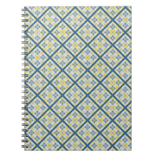 Caderno Espiral Padrão de azulejos bonito portugueses azuis e amar