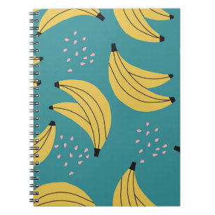 Caderno Espiral Padrão de banana da safra, fundo azul.