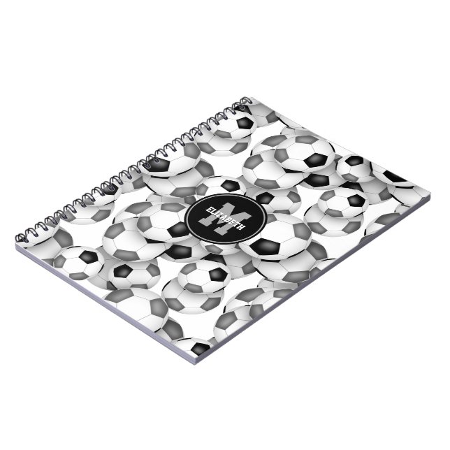 Caderno Espiral padrão de bolas de futebol cinza preto esportes in (Left Side)
