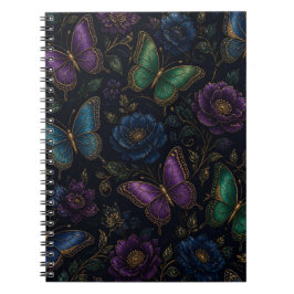 Caderno Espiral Padrão de Borboleta Elegante Escuro