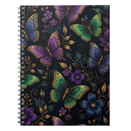 Caderno Espiral Padrão de Borboleta Elegante Escuro