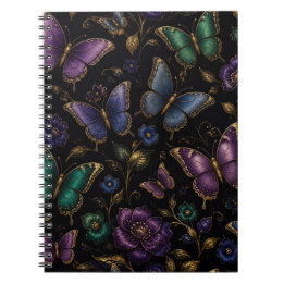 Caderno Espiral Padrão de Borboleta Elegante Escuro