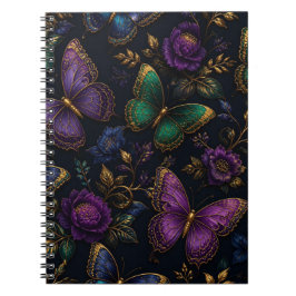 Caderno Espiral Padrão de Borboleta Elegante Escuro