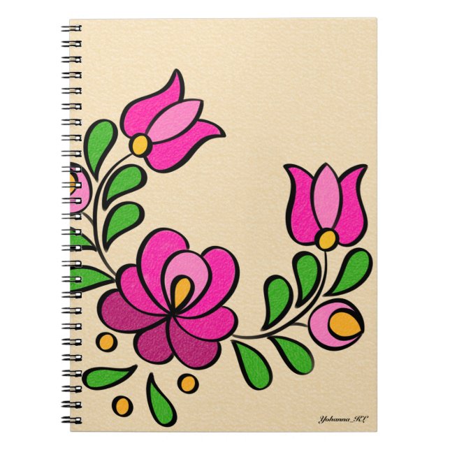 Caderno Espiral Padrão de bordado húngaro, "Matyó" - rosa (Frente)