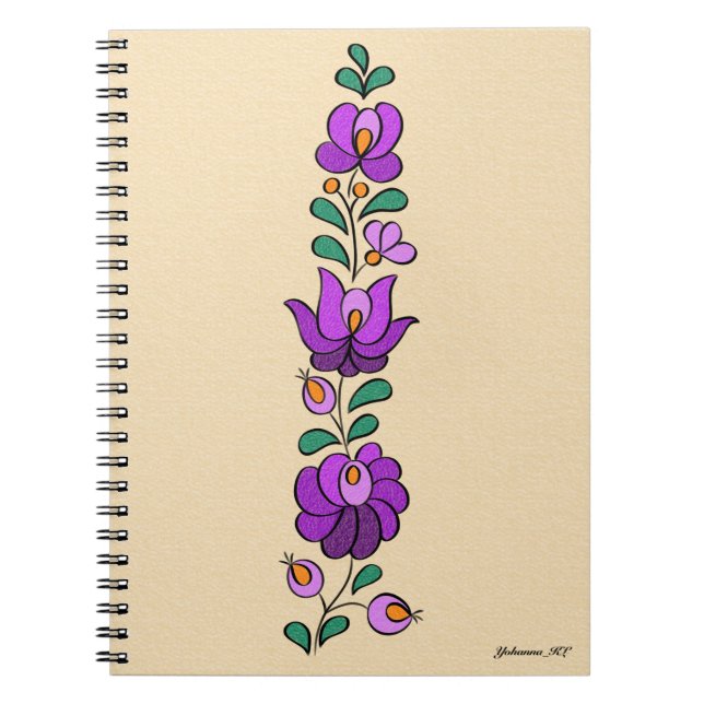 Caderno Espiral Padrão de bordado húngaro, "Matyó" - roxo (Frente)