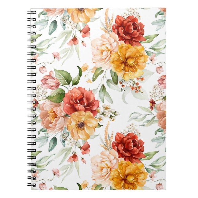 Caderno Espiral Padrão de Buquê de Flor de Pêonias Vermelhas (Frente)