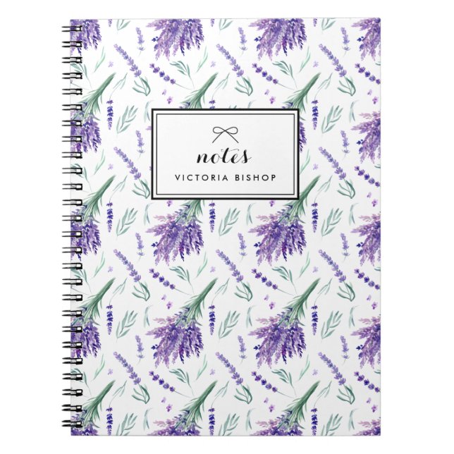 Caderno Espiral Padrão de Buquê de Lavanda de Aquarela Personaliza (Frente)