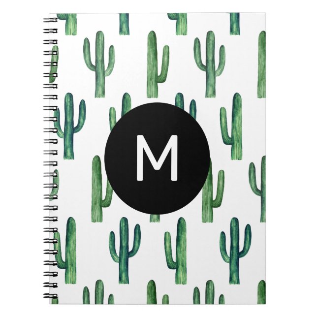 Caderno Espiral Padrão de cacto agudo verde-aquarela. Monograma (Frente)