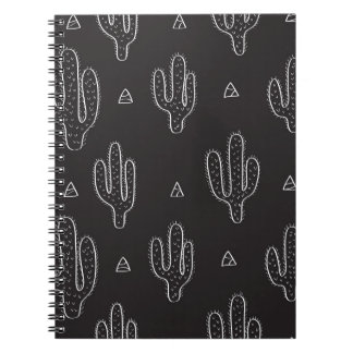 Caderno Espiral Padrão de Cactus Preto Desenhado à Mão