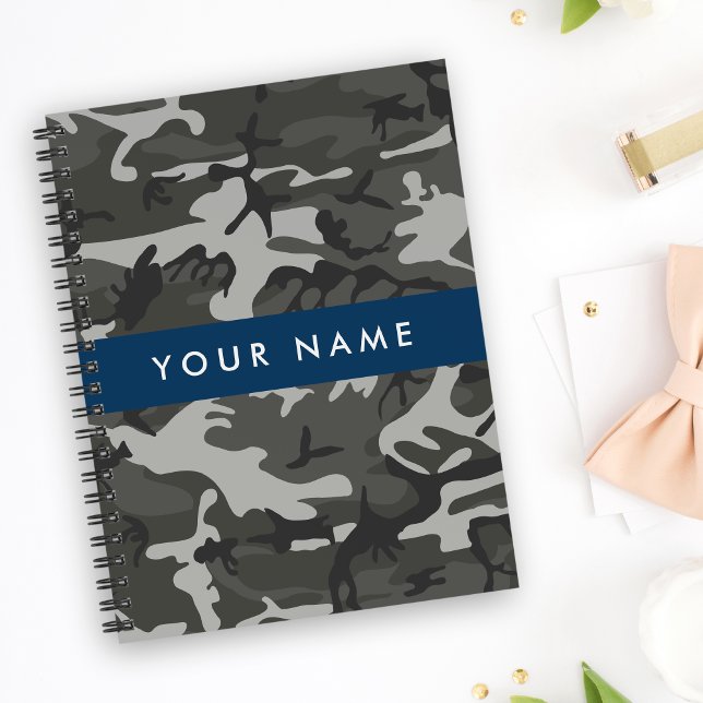 Caderno Espiral Padrão de Camuflagem Cinza, Seu nome, Personalizar (Criador carregado)
