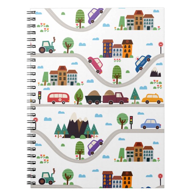 Caderno Espiral Padrão de Cartoon de Cartoon de Ônibus Cityscape I (Frente)