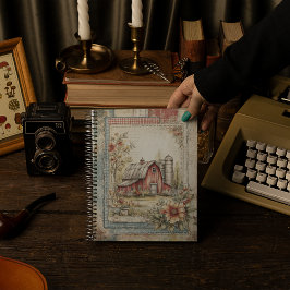 Caderno Espiral Padrão de celeiro vermelho e cena de fazenda vinta