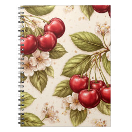 Caderno Espiral Padrão de Cerejeira Vintage com Cerejas Vermelhas