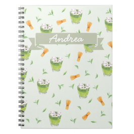 Caderno Espiral Padrão de Chá Verde do Cat Froth Matcha