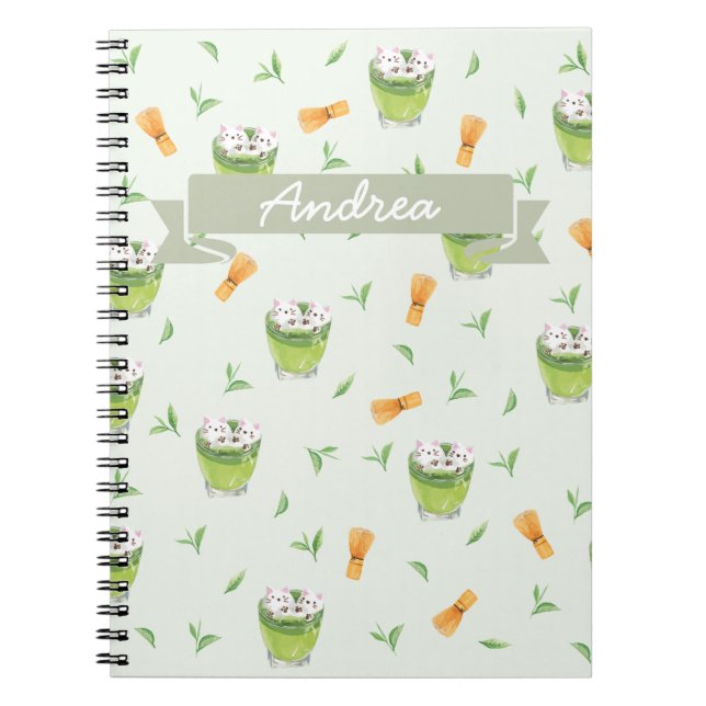 Caderno Espiral Padrão de Chá Verde do Cat Froth Matcha (Frente)