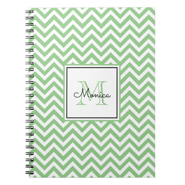 Caderno Espiral Padrão de Chevron Verde de Sage Moderno com Monogr (Frente)
