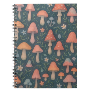 Caderno Espiral Padrão De Cogumelos De Cores Aquáticas Whimsical