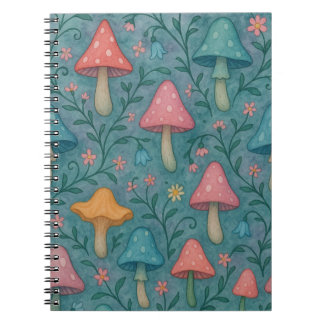 Caderno Espiral Padrão De Cogumelos De Cores Aquáticas Whimsical