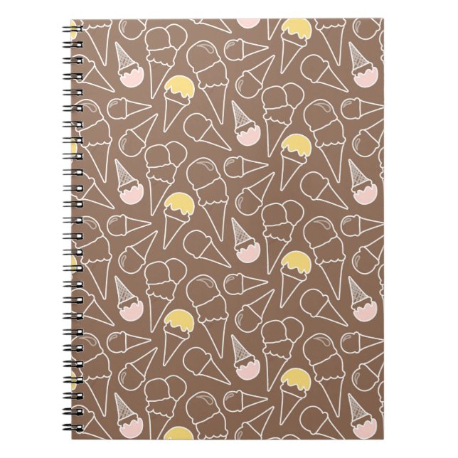 Caderno Espiral Padrão de Cone de Sorvete em Marrom (Frente)