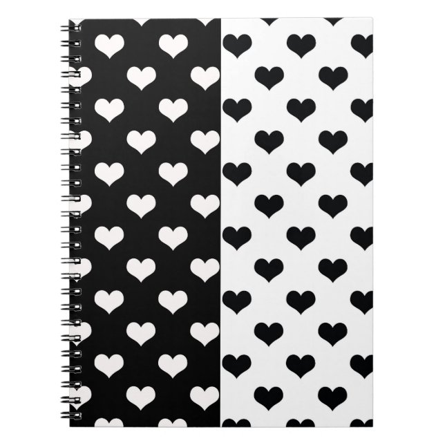 Caderno Espiral Padrão de Coração de Amor Branco Negro (Frente)