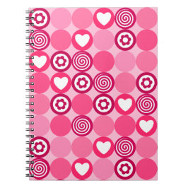 Caderno Espiral Padrão de Coração e Pontos de Flor Rosa Fofo do Di