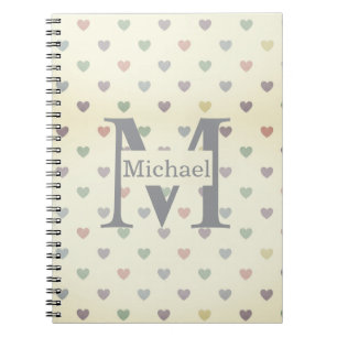 Caderno Espiral Padrão de Coração Pastel Minimalista Monograma Per