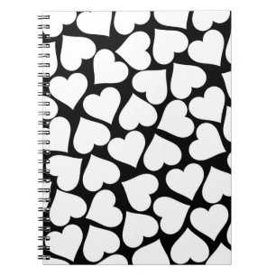 Caderno Espiral Padrão de Coração Simples, Branco e Preto