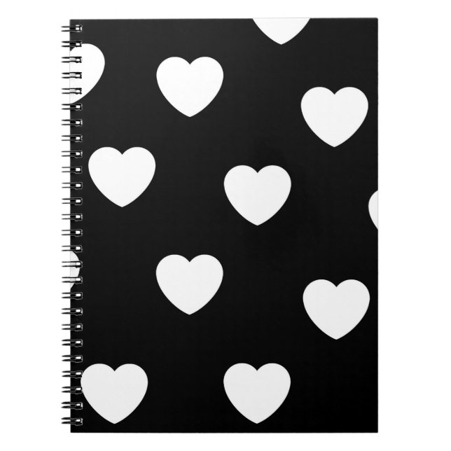 Caderno Espiral Padrão de Coração Simples, Branco e Preto (Frente)