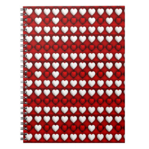 Caderno Espiral Padrão de Coração Vermelho e Branco