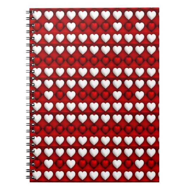 Caderno Espiral Padrão de Coração Vermelho e Branco (Frente)