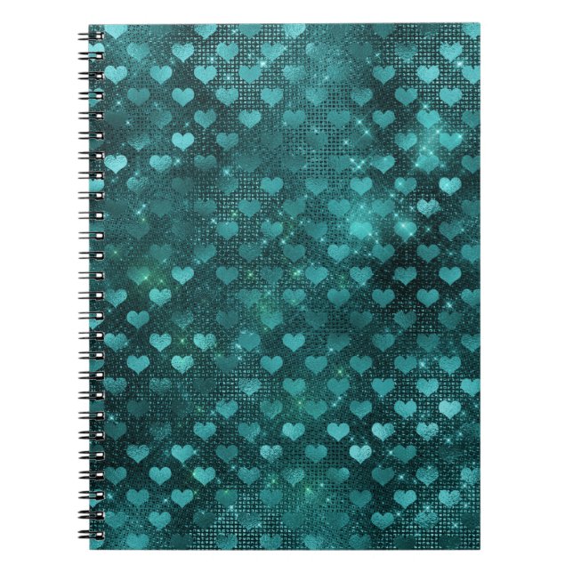 Caderno Espiral Padrão de Corações do Glama do Teal Glam Glitter (Frente)