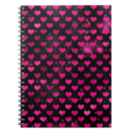 Caderno Espiral Padrão de Corações Glamurosos Rosa Brilhante e Pre
