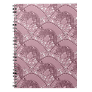 Caderno Espiral Padrão de Damasco de Raposa Art Nouveau em Rosa na