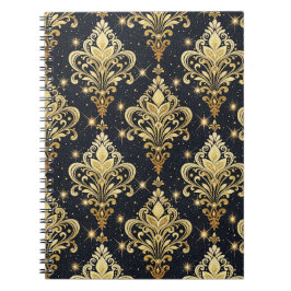 Caderno Espiral Padrão de Damasco Floral Real Brilhante Preto e Do