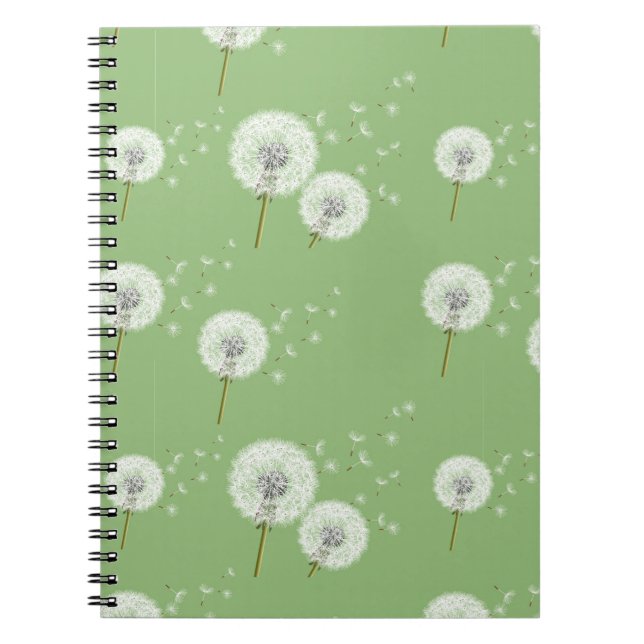 Caderno Espiral Padrão de Dandelion em tela de fundo verde (Frente)