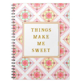 Caderno Espiral Padrão de Diamante Floral Rosa Doce