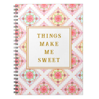 Caderno Espiral Padrão de Diamante Floral Rosa Doce