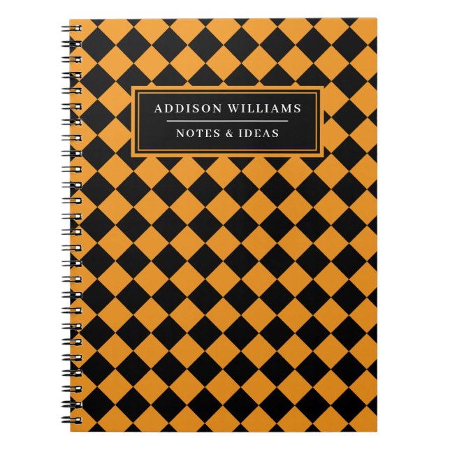Caderno Espiral Padrão de Diamante Negro Laranja do Halloween (Frente)