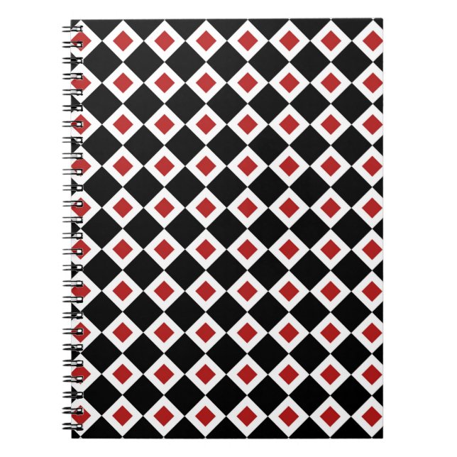 Caderno Espiral Padrão de Diamante Vermelho, Preto, Branco (Frente)