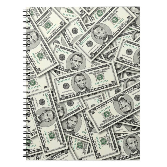 Caderno Espiral Padrão de dinheiro de nota de $5 (Frente)