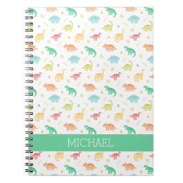 Caderno Espiral Padrão de Dinossauro Azul Verde Nome Personalizado