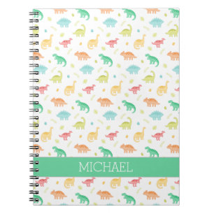 Caderno Espiral Padrão de Dinossauro Azul Verde Nome Personalizado