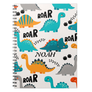 Caderno Espiral Padrão de Dinossauro Fofo Nome Personalizado Crian