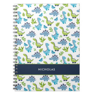 Caderno Espiral Padrão de Dinossauro Verde AZUL com Nome da Crianç