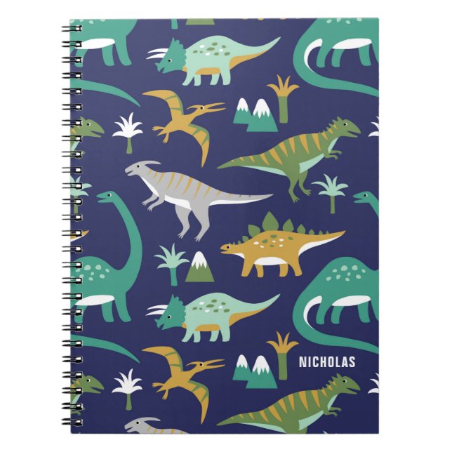 Caderno Espiral Padrão de Dinossauro Verde Jurássico BLUE com Nome (Frente)