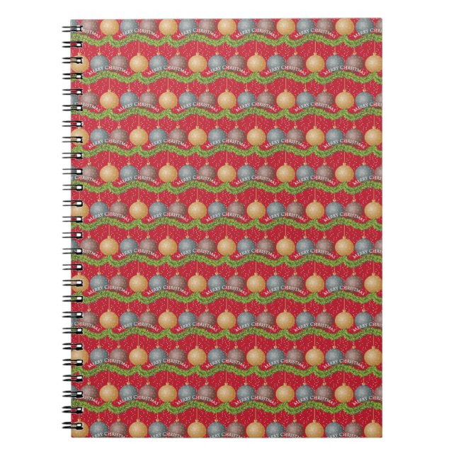 Caderno Espiral Padrão de enfeites de bola de Natal Feliz (Frente)