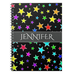 Caderno Espiral Padrão de estrelas coloridas e divertidas + nome 